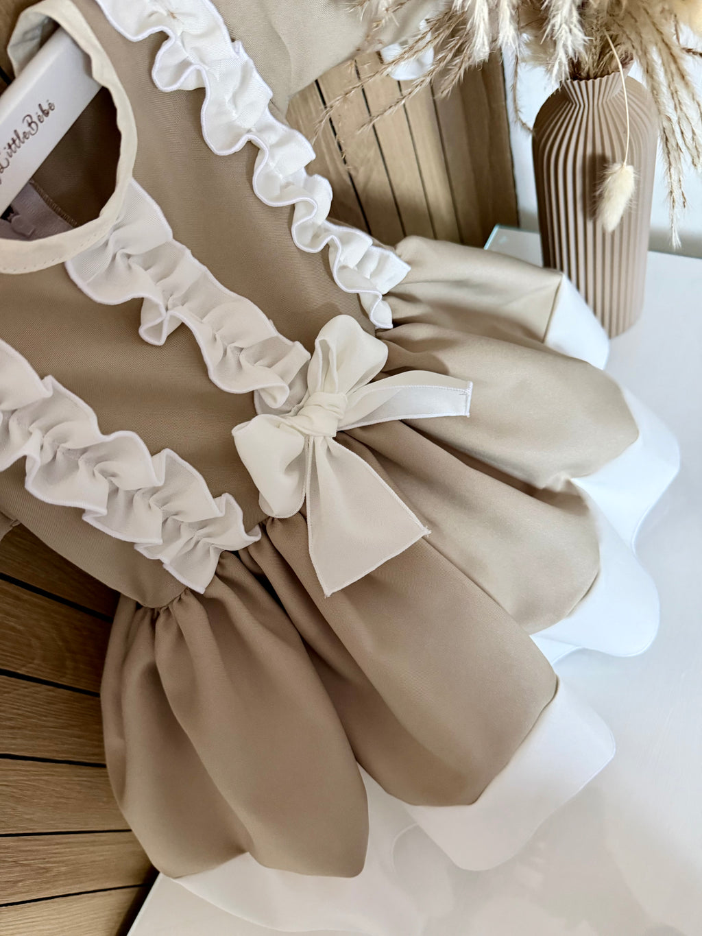 Girls Beige & White Ruffle Bow Dress