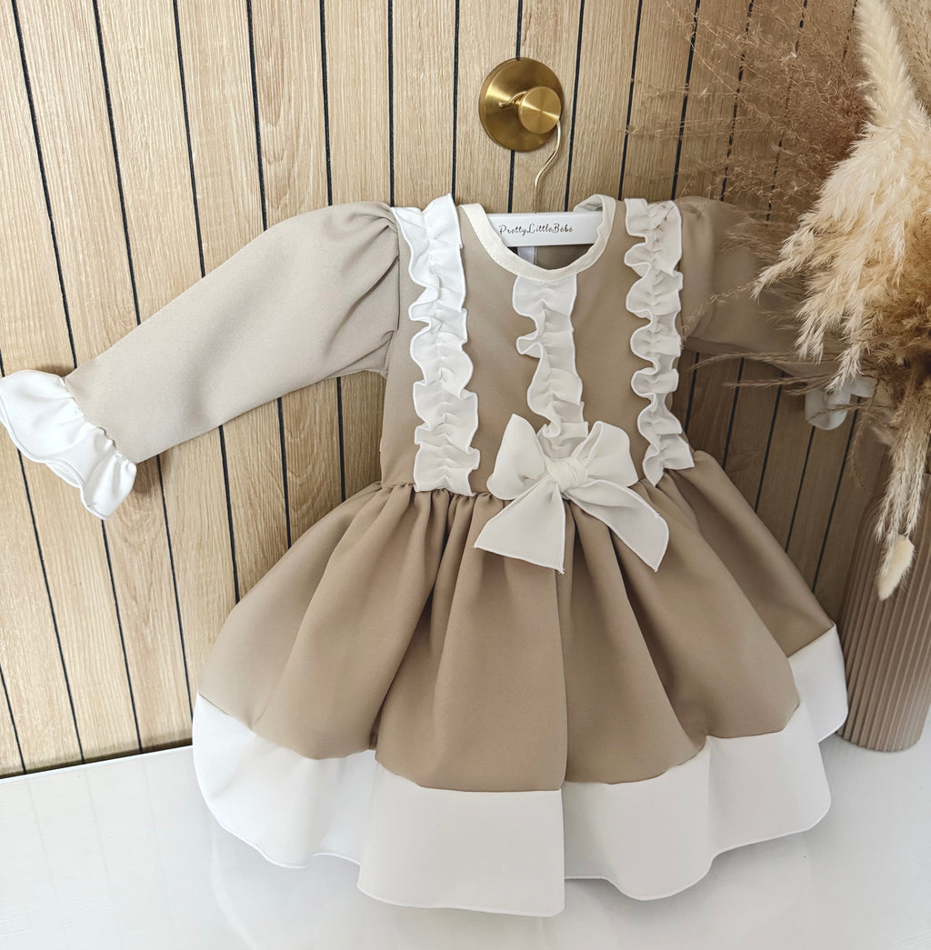 Girls Beige & White Ruffle Bow Dress