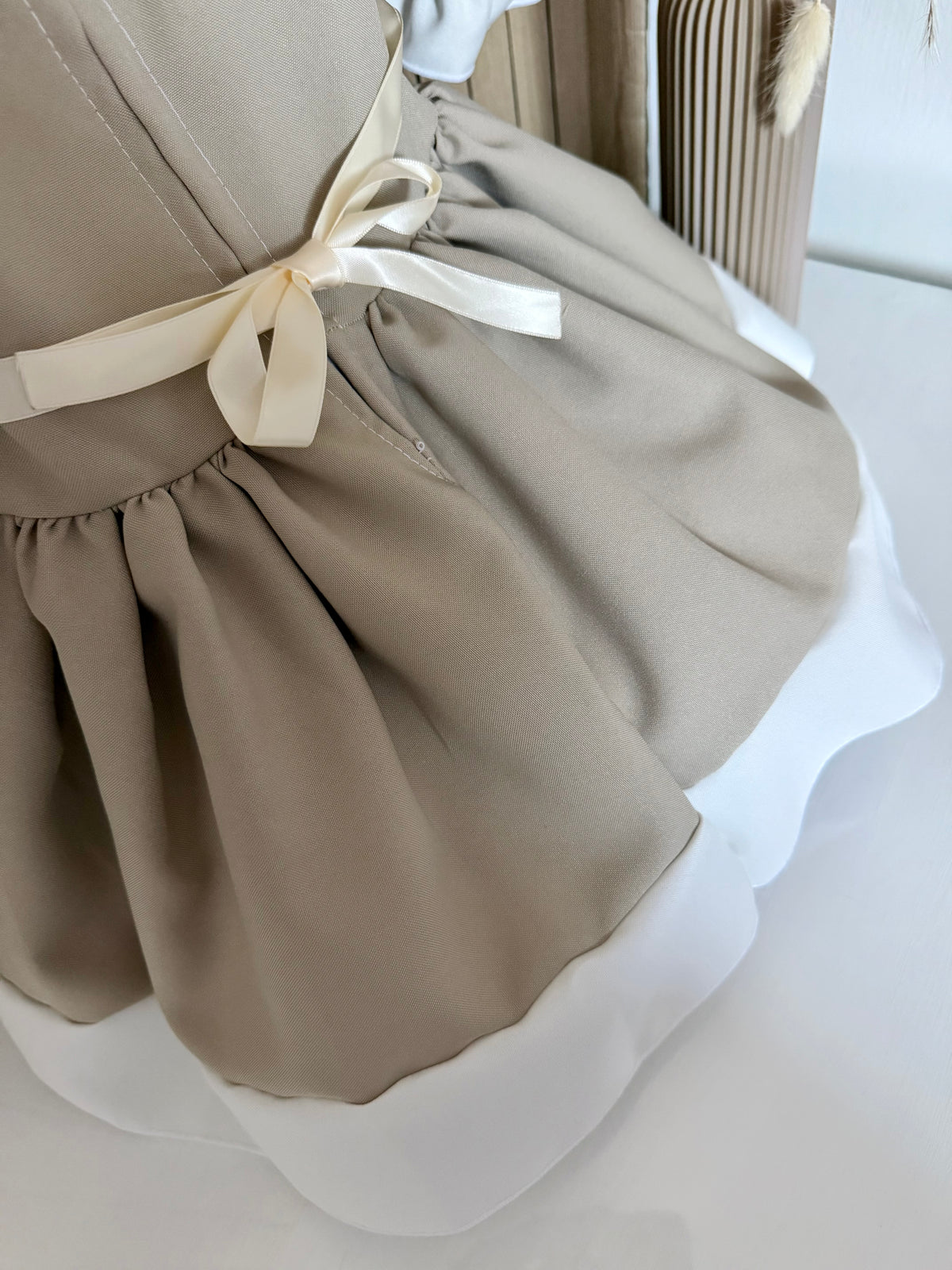 Girls Beige & White Ruffle Bow Dress