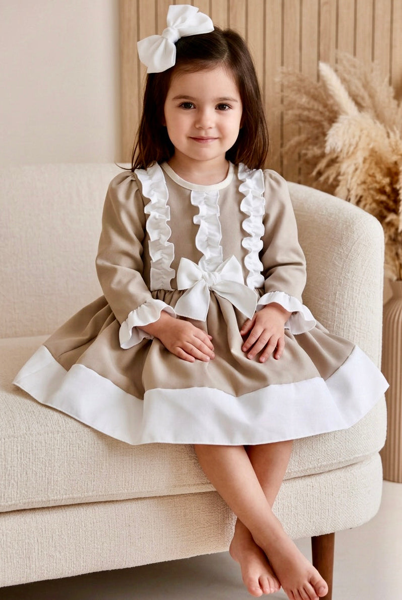 Girls Beige & White Ruffle Bow Dress