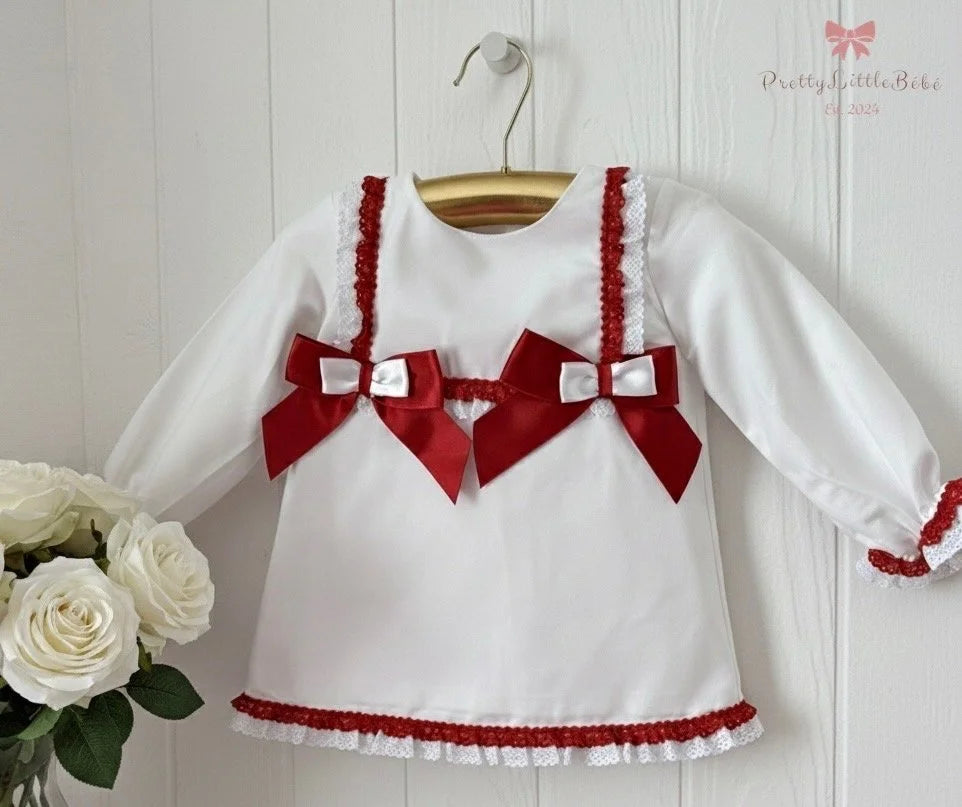 White/Red A Line Dress Satin Bow with Pants