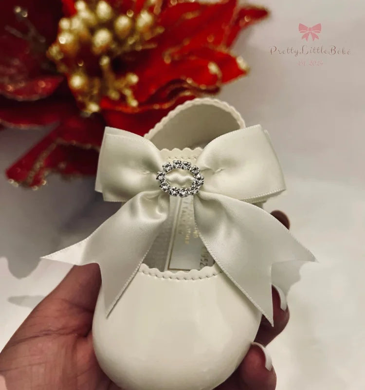 Ivory Soft Sole Shoes With Large Satin Diamanté Bow