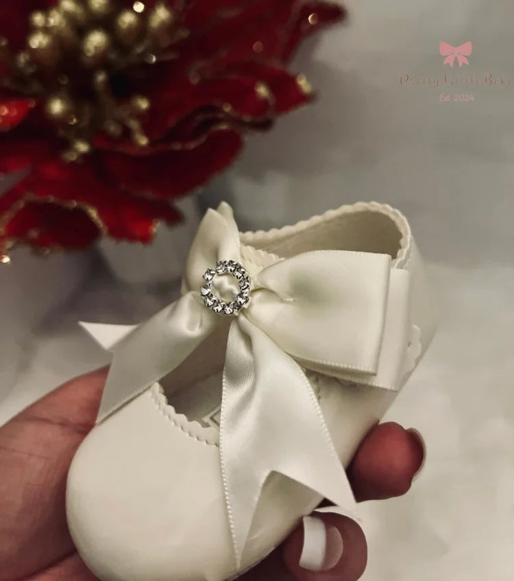 Ivory Soft Sole Shoes With Large Satin Diamanté Bow