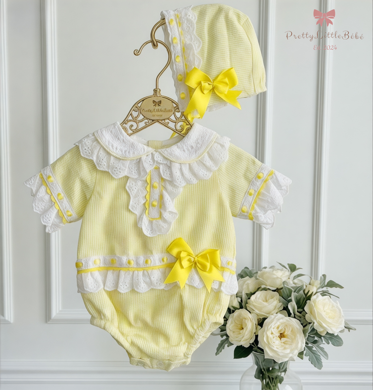 Lemon Bow Spanish Romper With Matching Bonnet