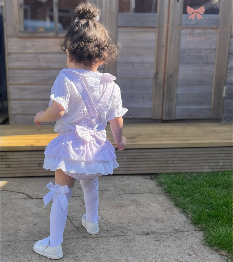Lilac and White 2PC Bow Romper with Frilled Collar Top