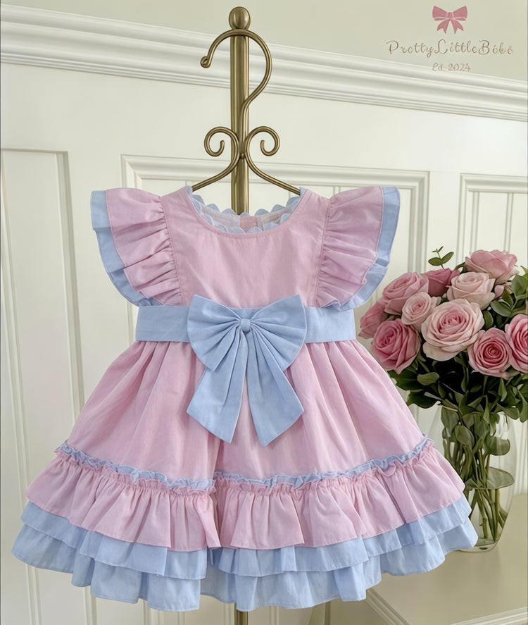 Pink Ruffle Dress With Blue Bow