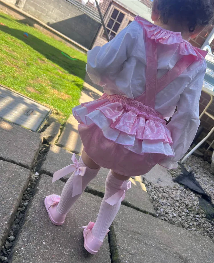 Pink Satin Ruffle Bow Romper With Blouse