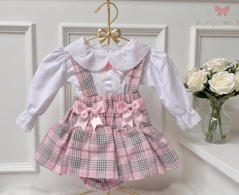 Pink Tartan Bow Pinafore With Blouse