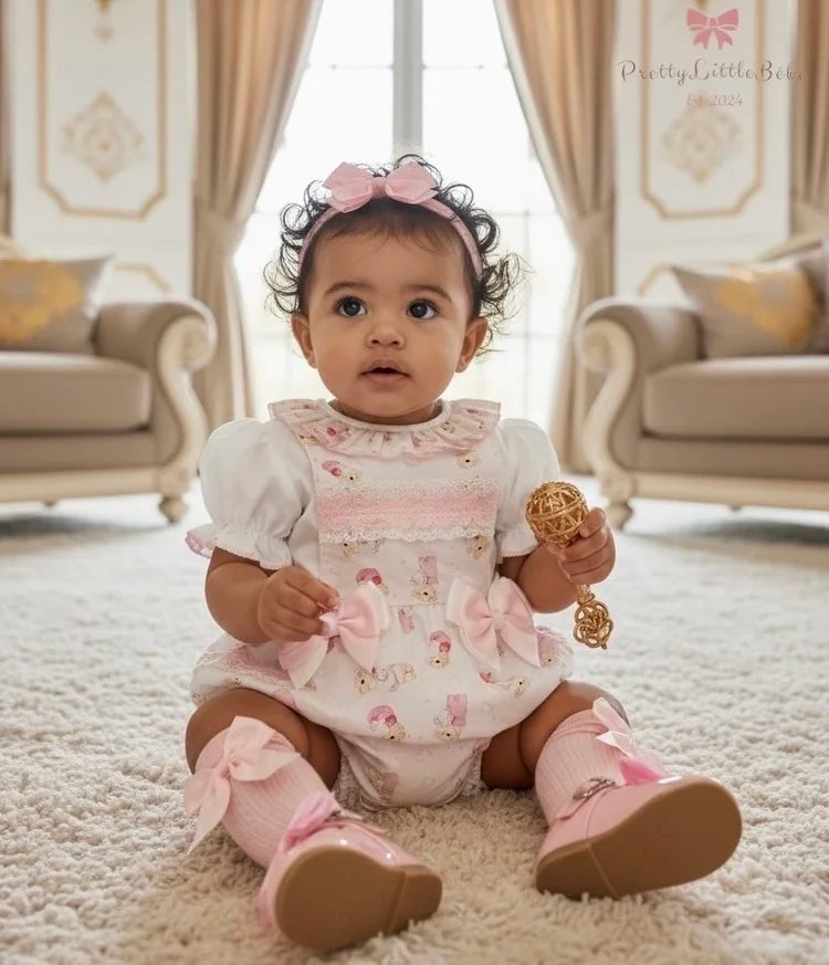 Pink Teddy Print Frilly Bow Romper with Top