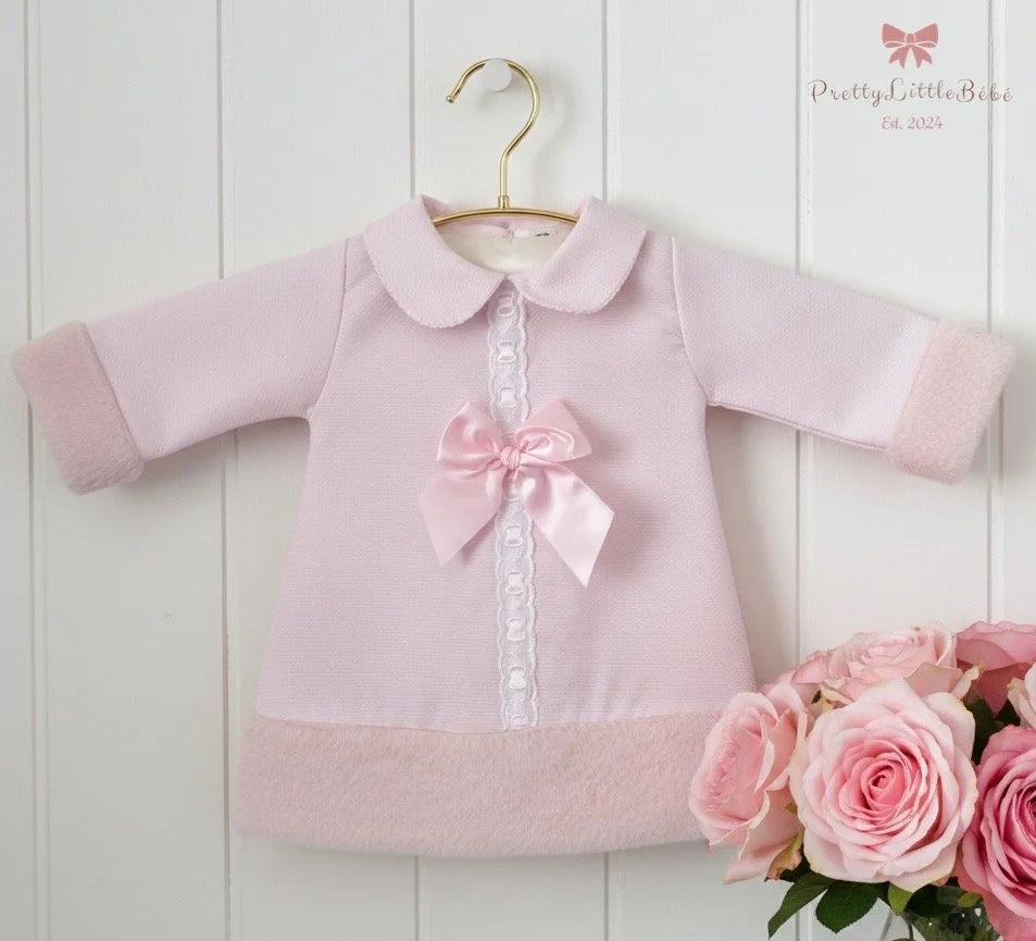 Pink Bow Dress With Faux Fur Trimming