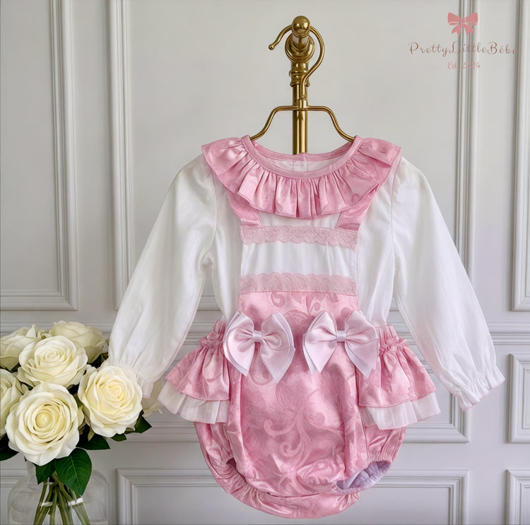 Pink Satin Ruffle Bow Romper With Blouse