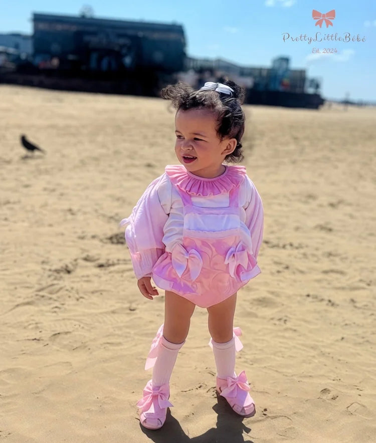 Pink Satin Ruffle Bow Romper With Blouse