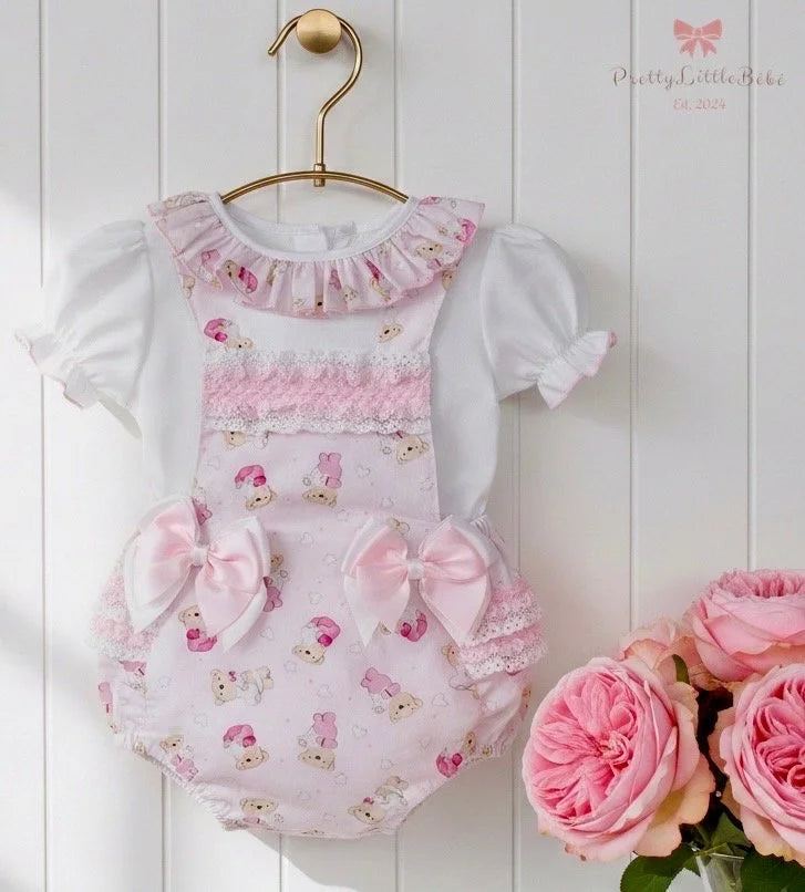 Pink Teddy Print Frilly Bow Romper with Top