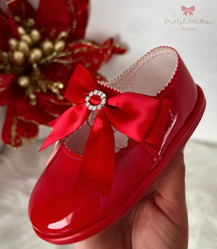 Red Hard Sole Shoes With Red Satin Diamante Bow