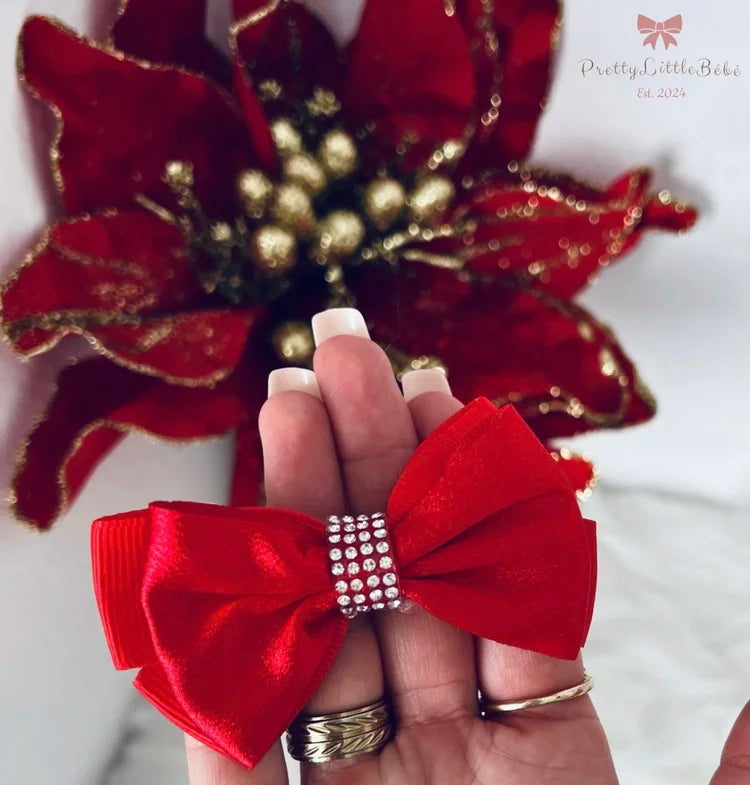 Red Satin Diamanté Bow Hair Clip