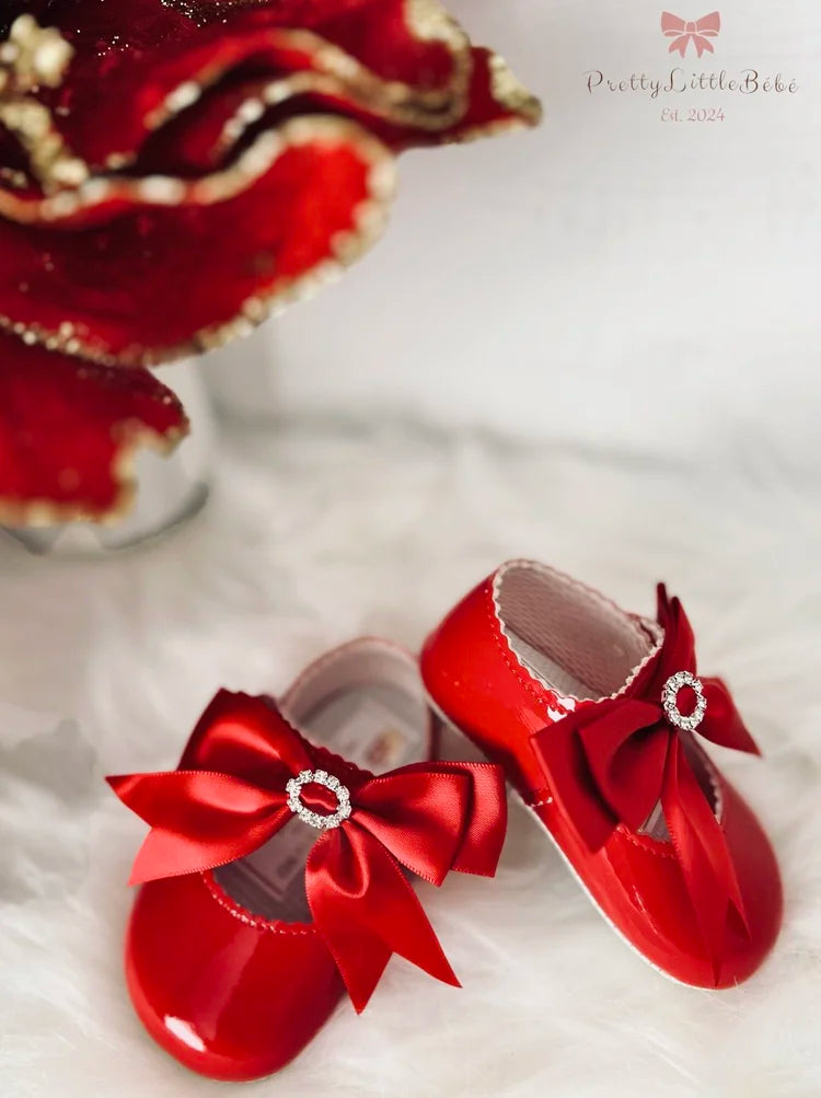 Red Soft Sole Shoes With Satin Diamanté Bow