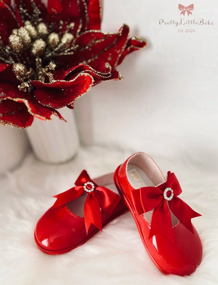 Red Hard Sole Shoes With Red Satin Diamante Bow