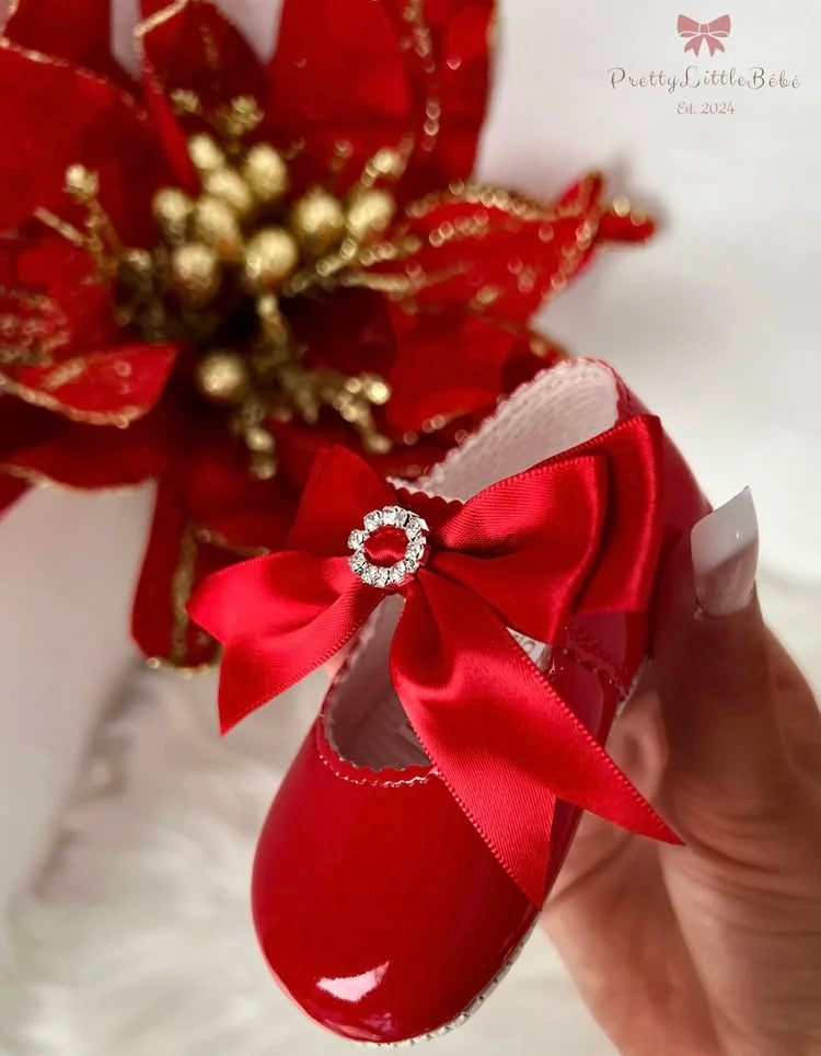 Red Soft Sole Shoes With Satin Diamanté Bow