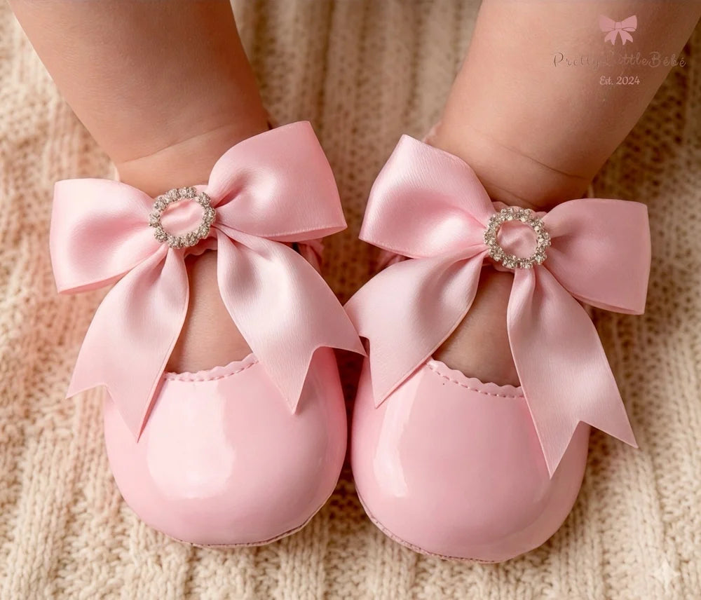 Soft Sole Pink Shoes With Pink Diamanté Bow