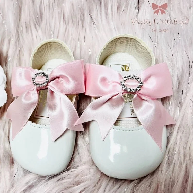 Soft Sole White Shoe With Pink Diamante Bow