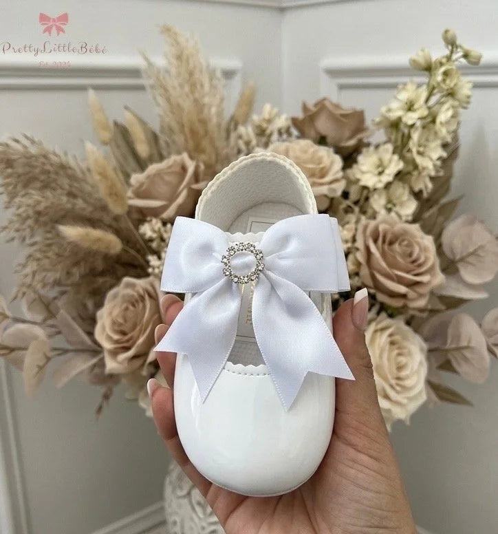 Soft Sole White Shoe With White Diamanté Bow
