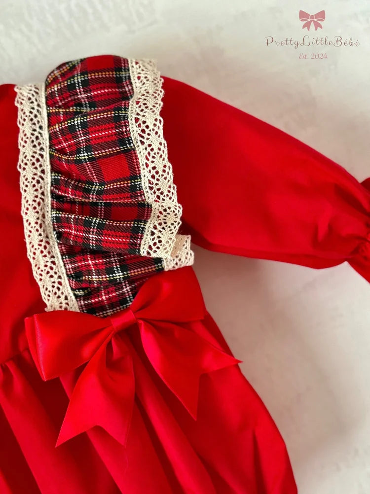 Tartan Frill Red Bow Romper