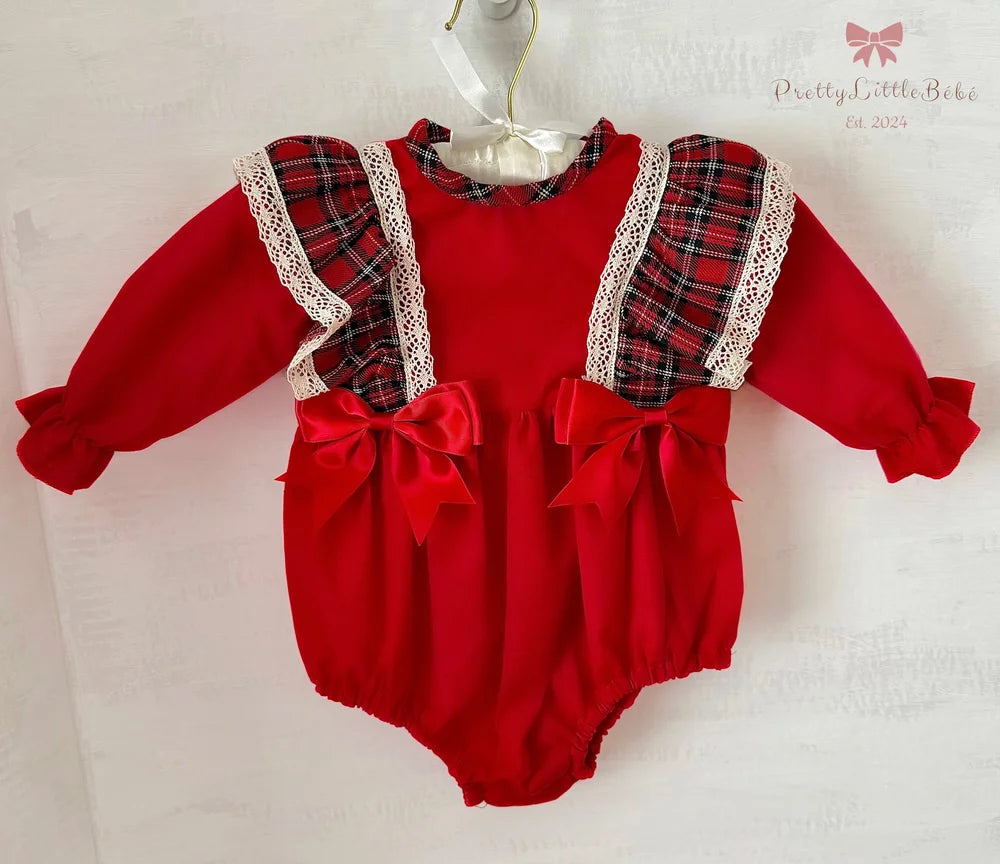 Tartan Frill Red Bow Romper