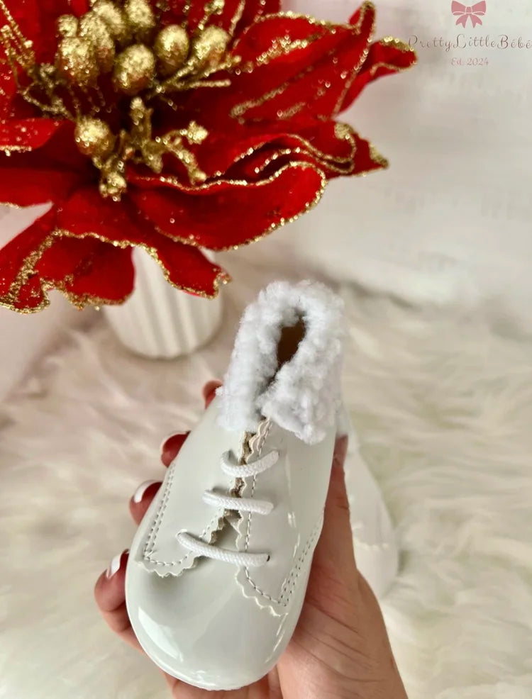 Unisex White Patent Boots With Faux Fur Trimming