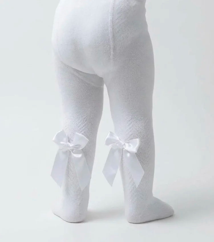 White Chevron Knit Bow Tights