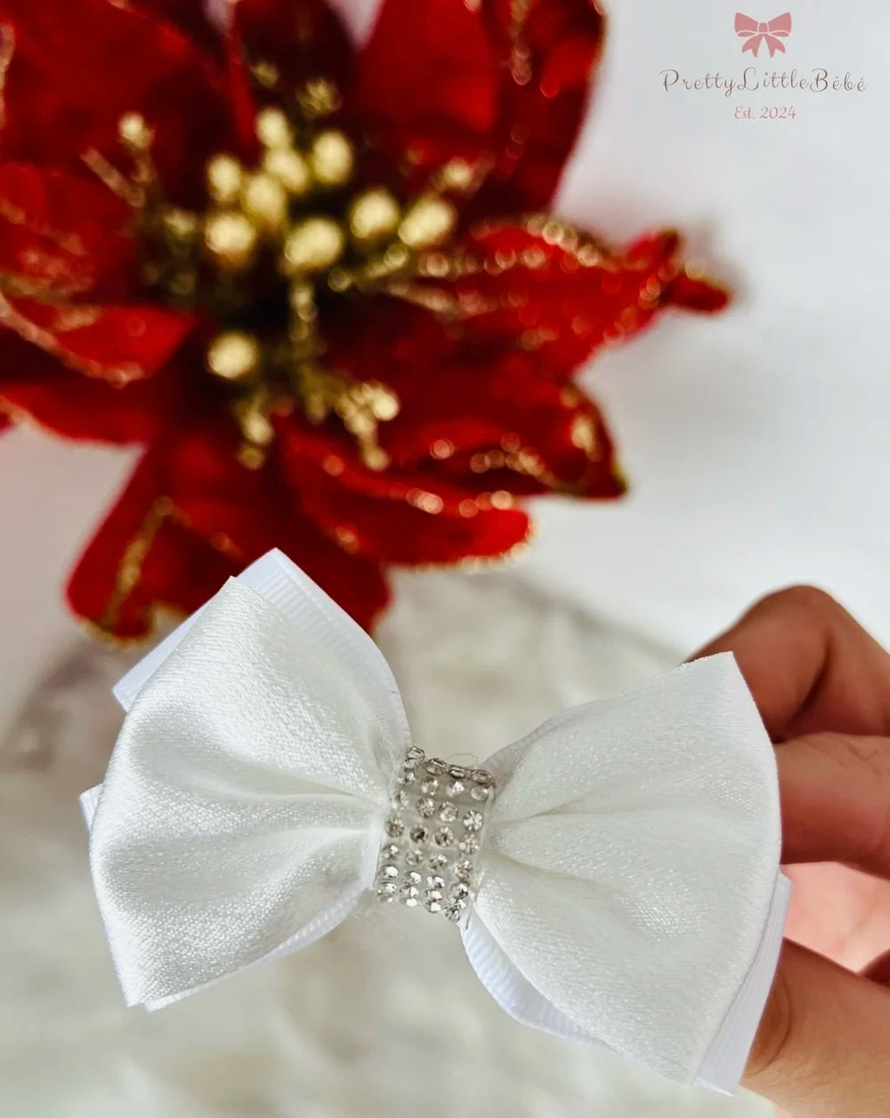 White Satin Diamanté Bow Hair Clip