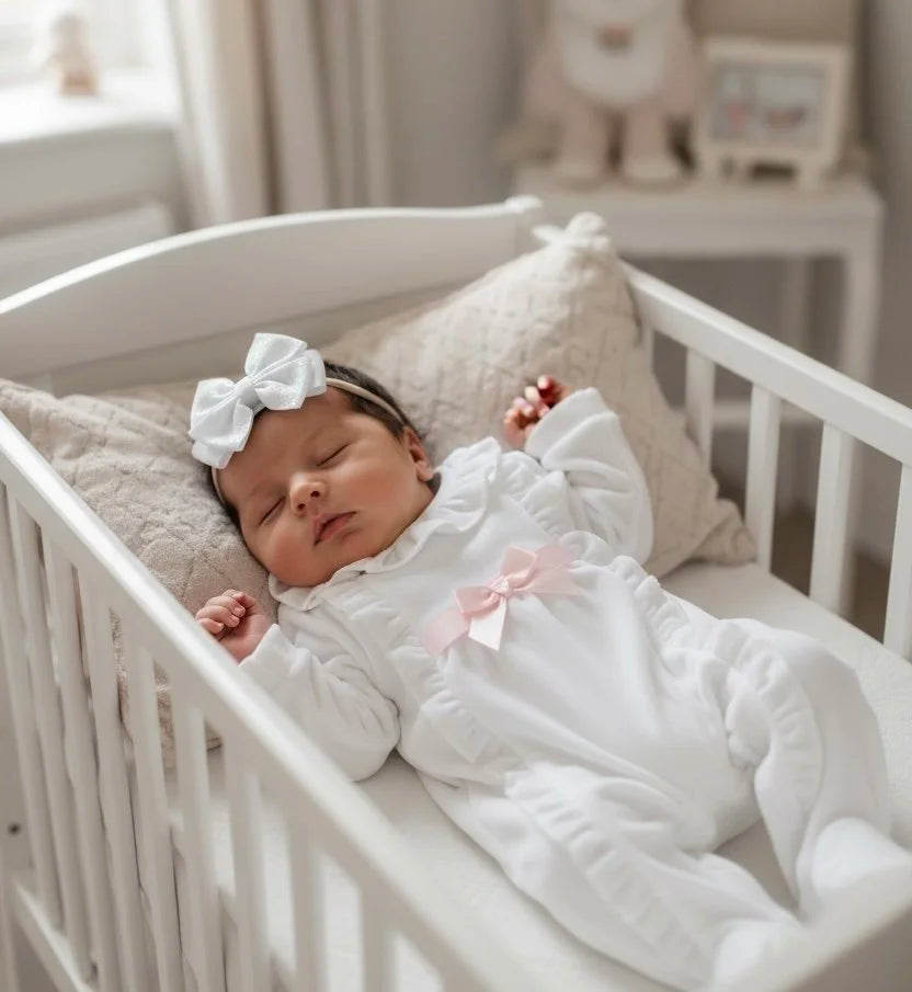 White Velour Babygrow With Pink Bow