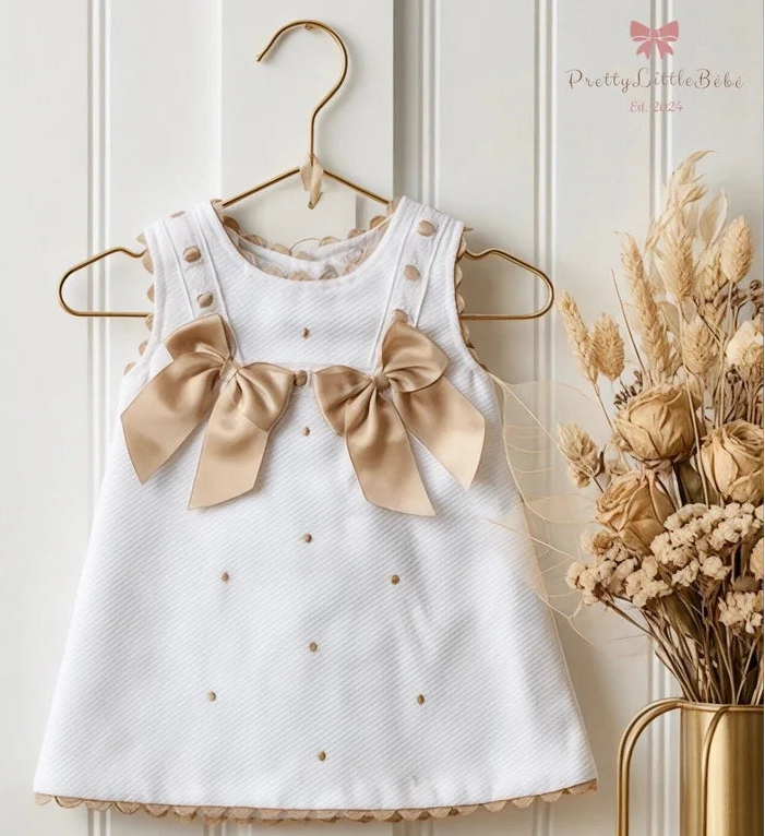 White Waffle Dress With Caramel Bows