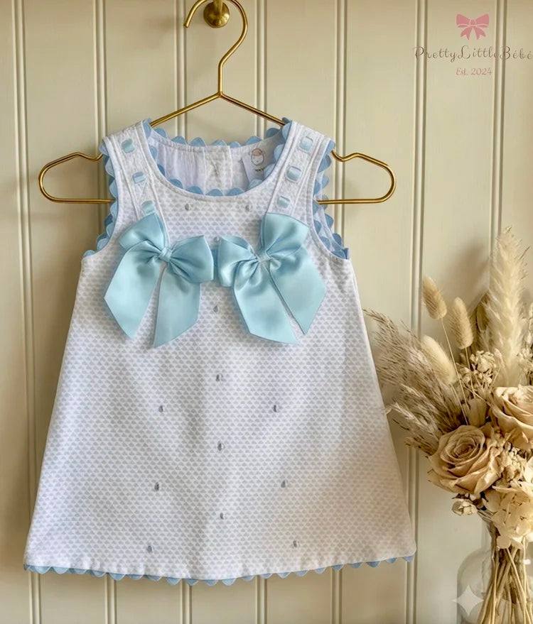 White Waffle Dress With Sky Blue Bows