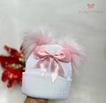 White & Pink Double Pom Pom Bow Hat