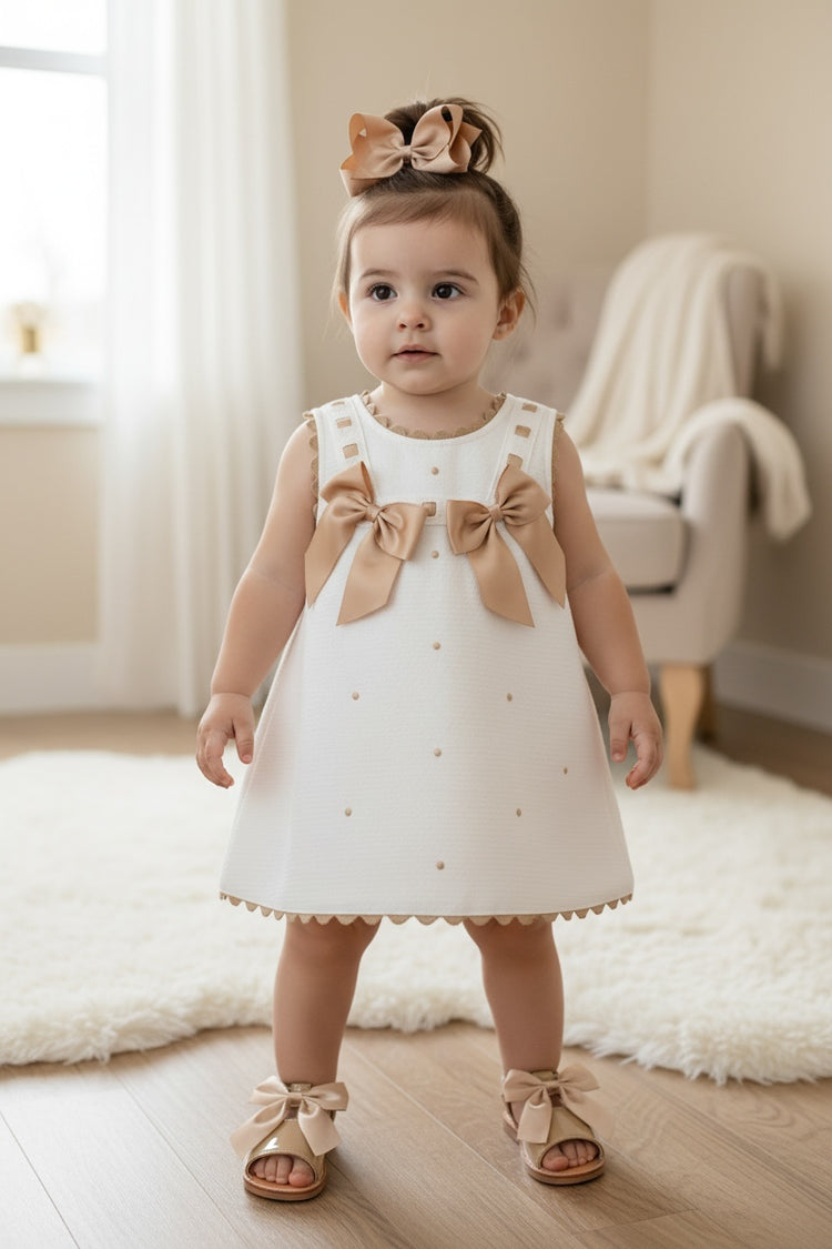 White Waffle Dress With Caramel Bows