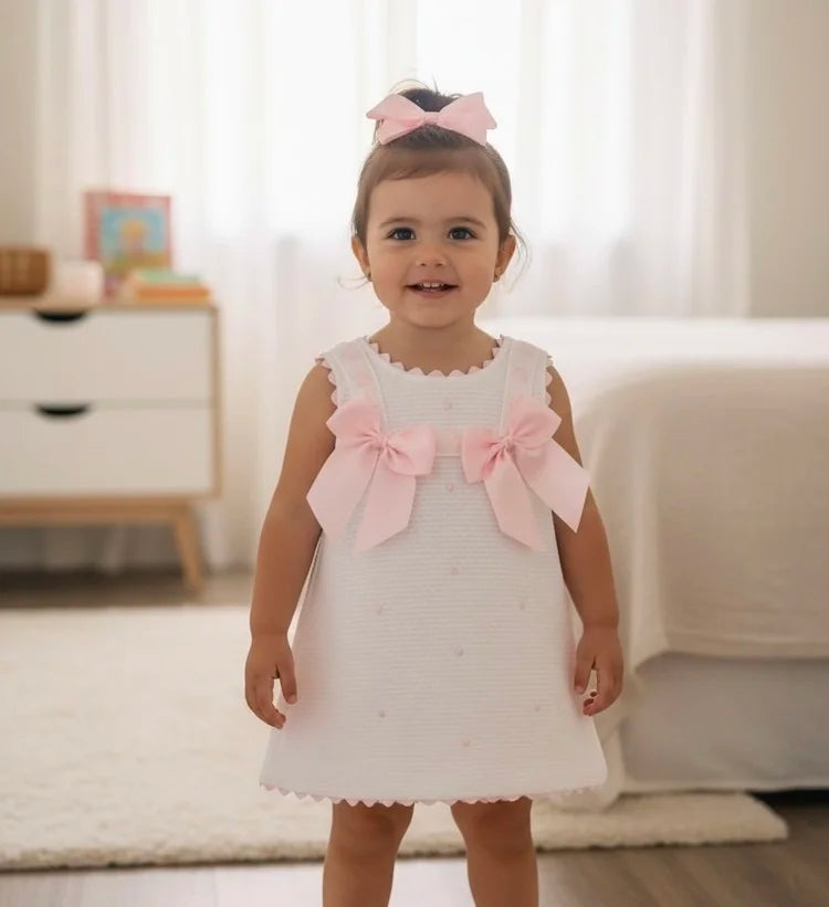 White Waffle Dress With Pink Bows