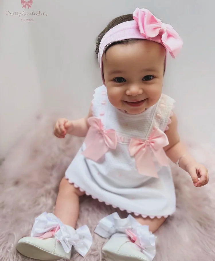 White Waffle Dress With Pink Bows