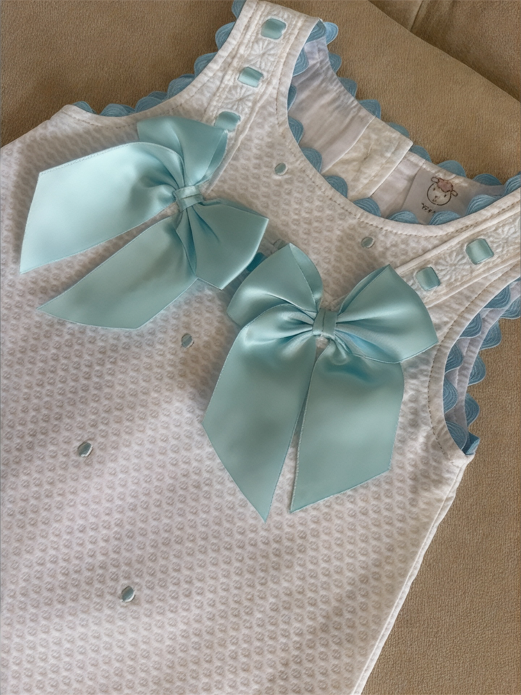 White Waffle Dress With Sky Blue Bows