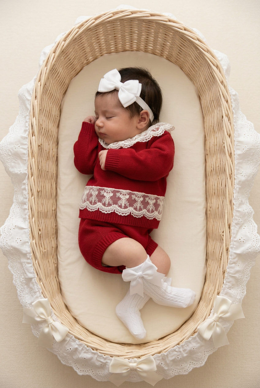 Prettier Moses basket with delicate white lace trim and ivory bows
