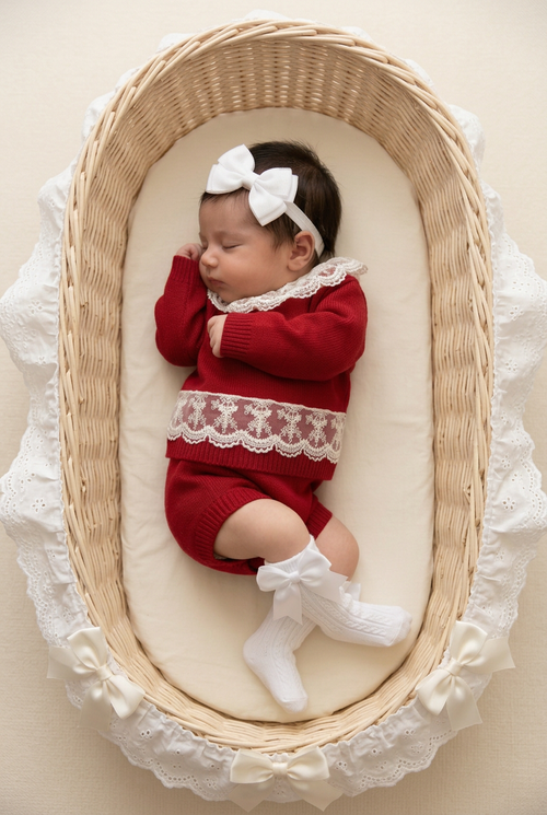 Prettier Moses basket with delicate white lace trim and ivory bows