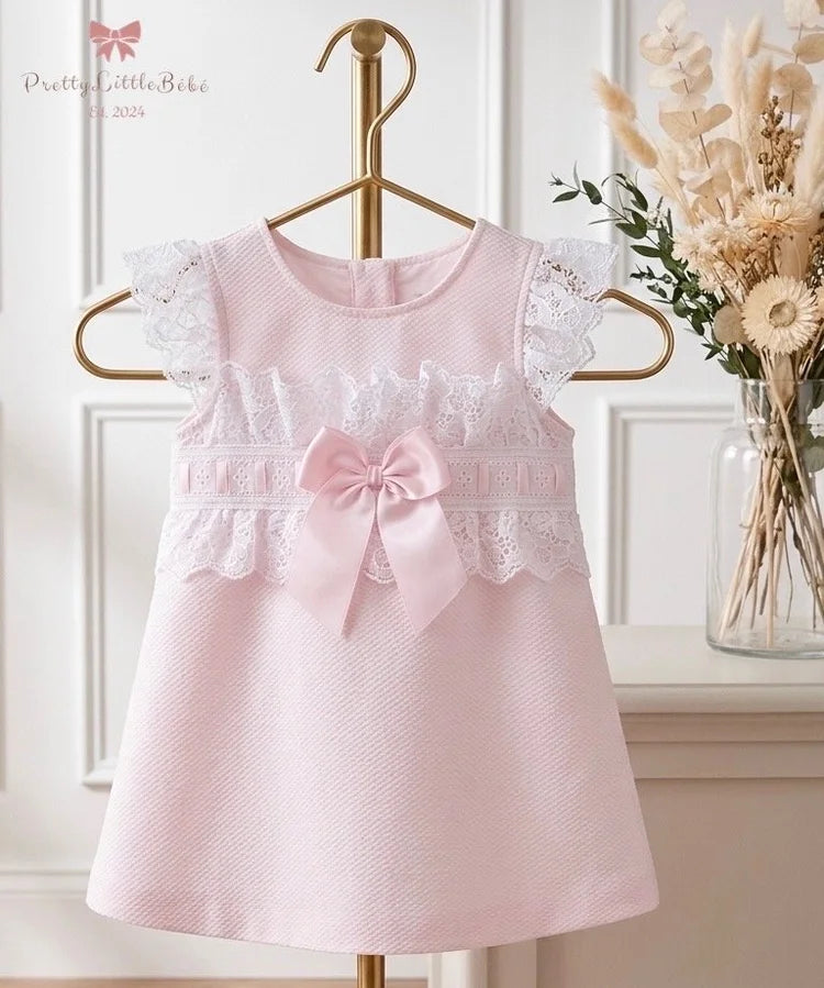 Pink Waffle Bow Laced Dress